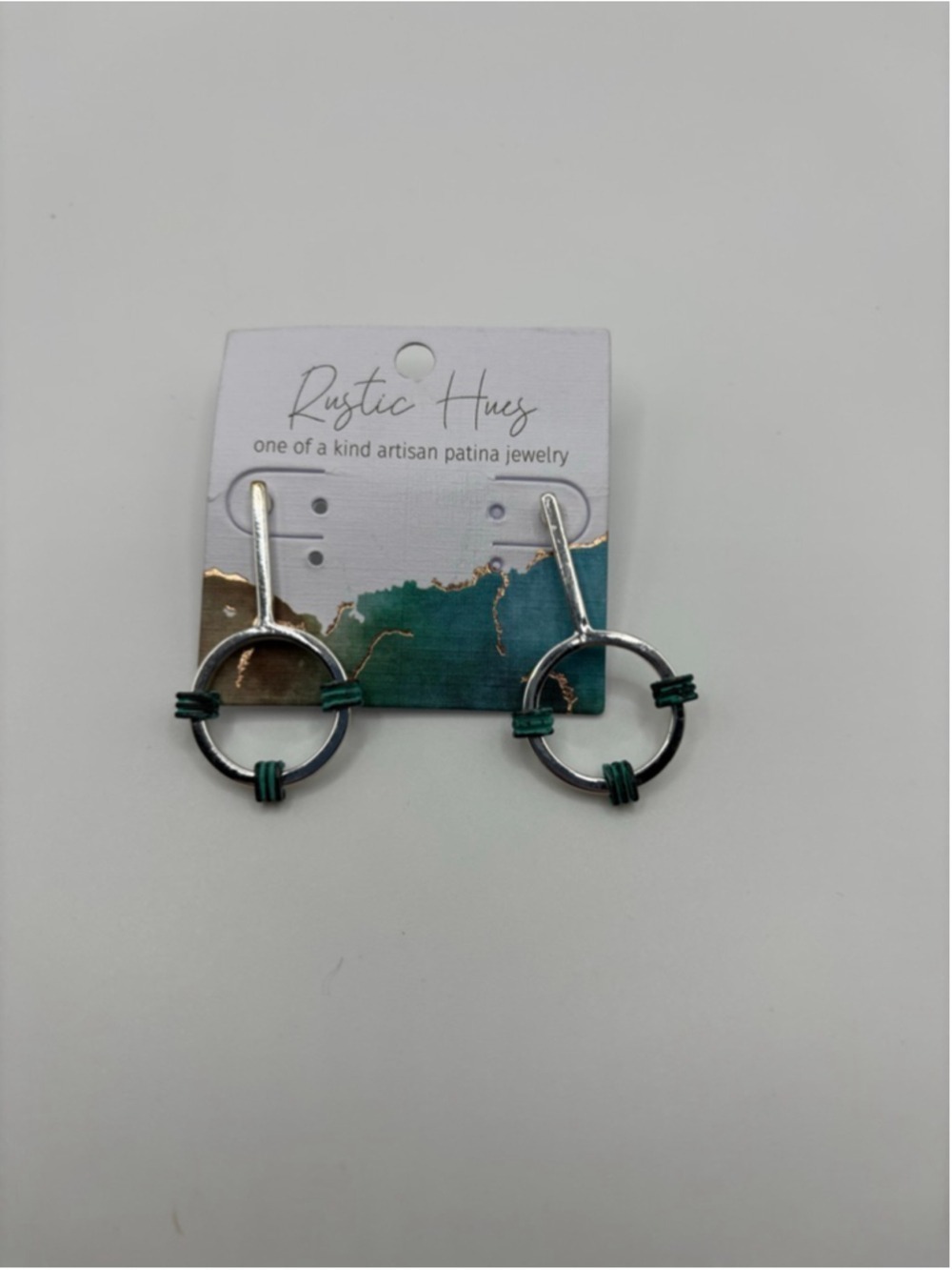 Rustic Hues Artisan Patina Hoop Earrings Silver Tone Green Wrap Minimalist Dangl - Picture 3 of 3